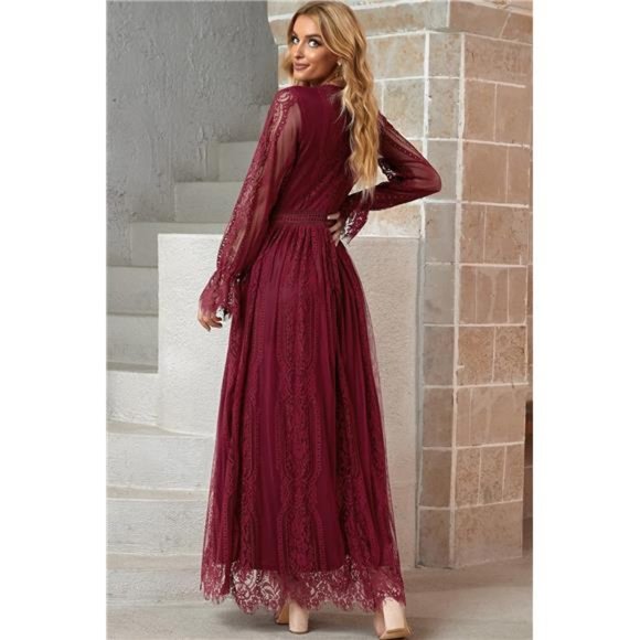 Women's Scalloped Hem Flounce Sleeve Lace V-Neck Maxi Dress - Picture 5 of 9